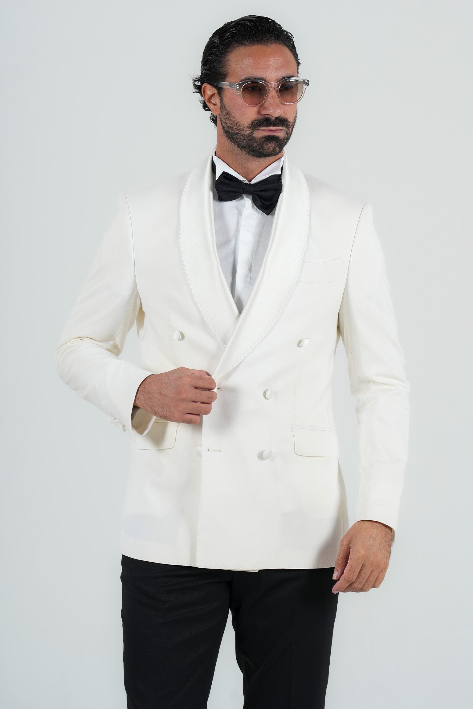 Elfenbein Slim Fit Doppelreihiger Smokinganzug
