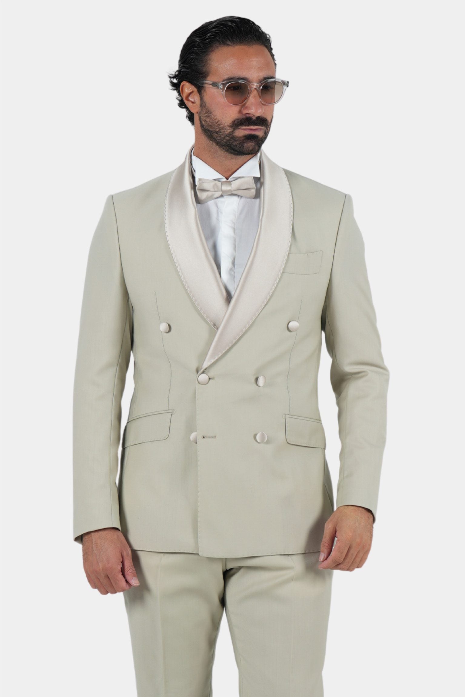 Cream Slim Fit Doppelreihiger Smoking-Anzug
