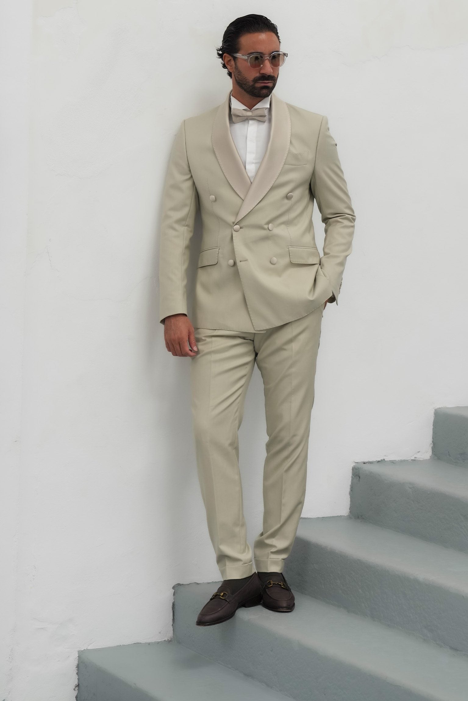 Cream Slim Fit Doppelreihiger Smoking-Anzug
