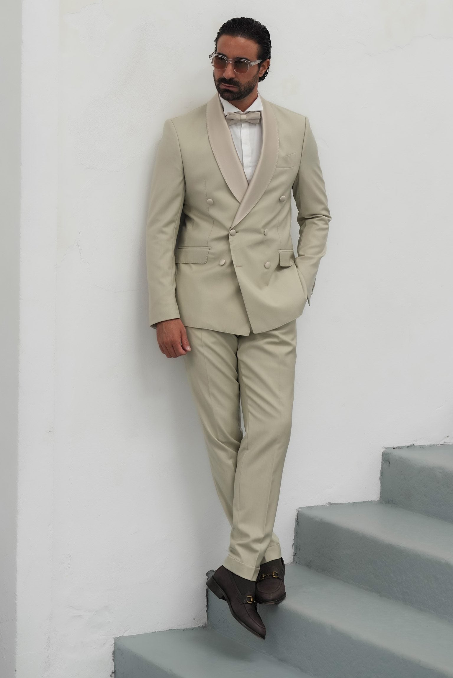 Cream Slim Fit Doppelreihiger Smoking-Anzug