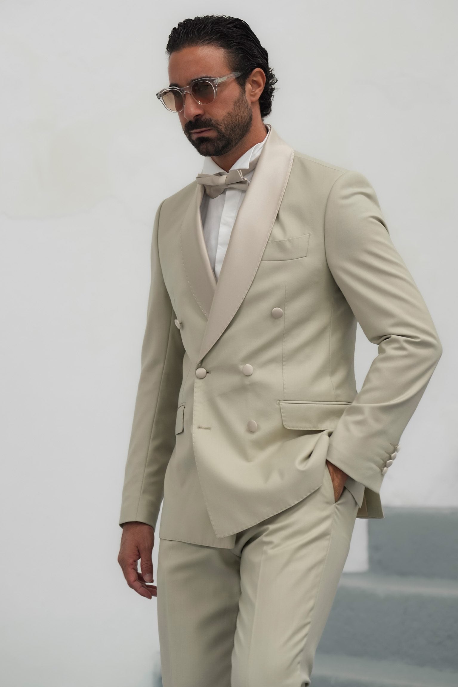 Cream Slim Fit Doppelreihiger Smoking-Anzug