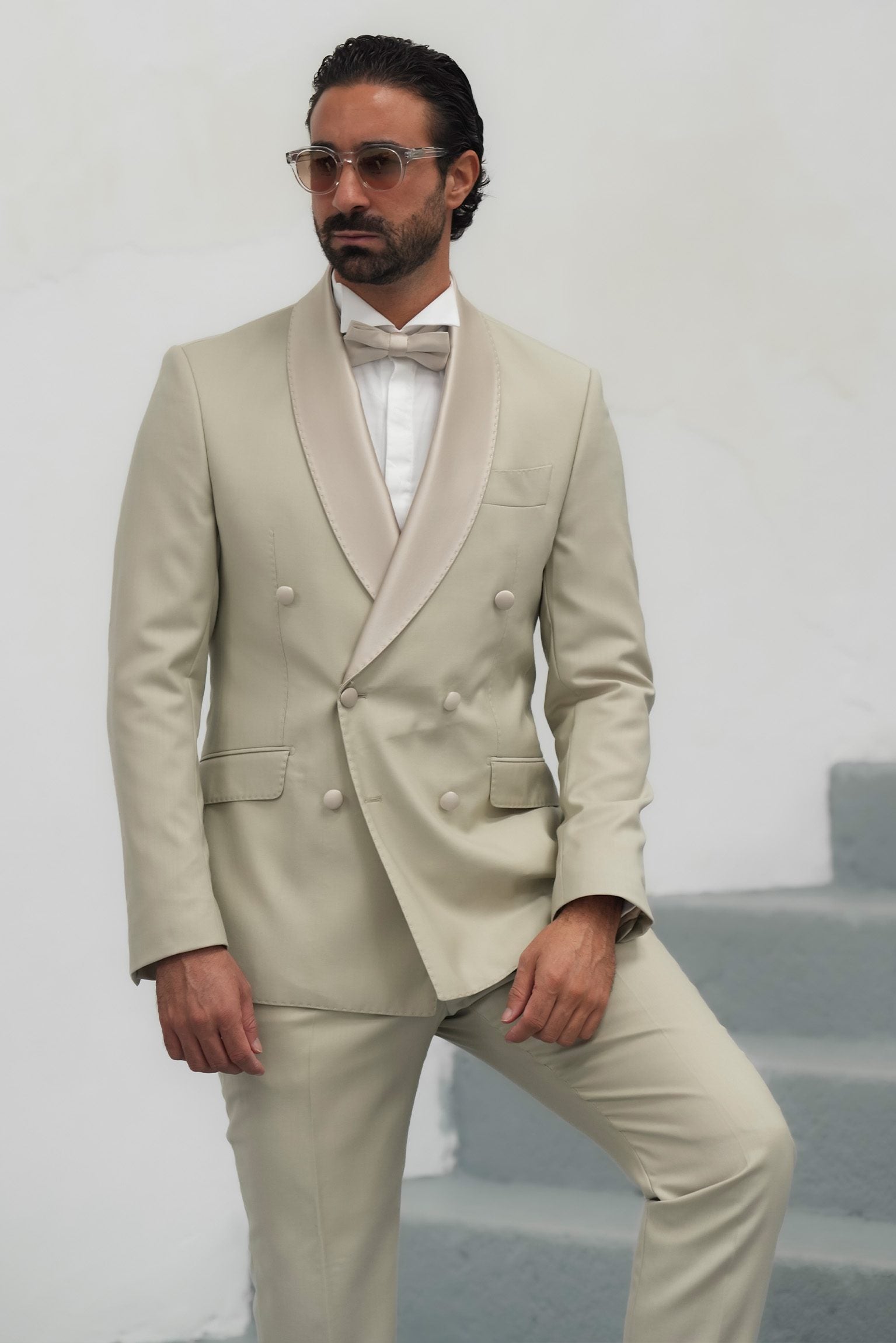 Cream Slim Fit Doppelreihiger Smoking-Anzug