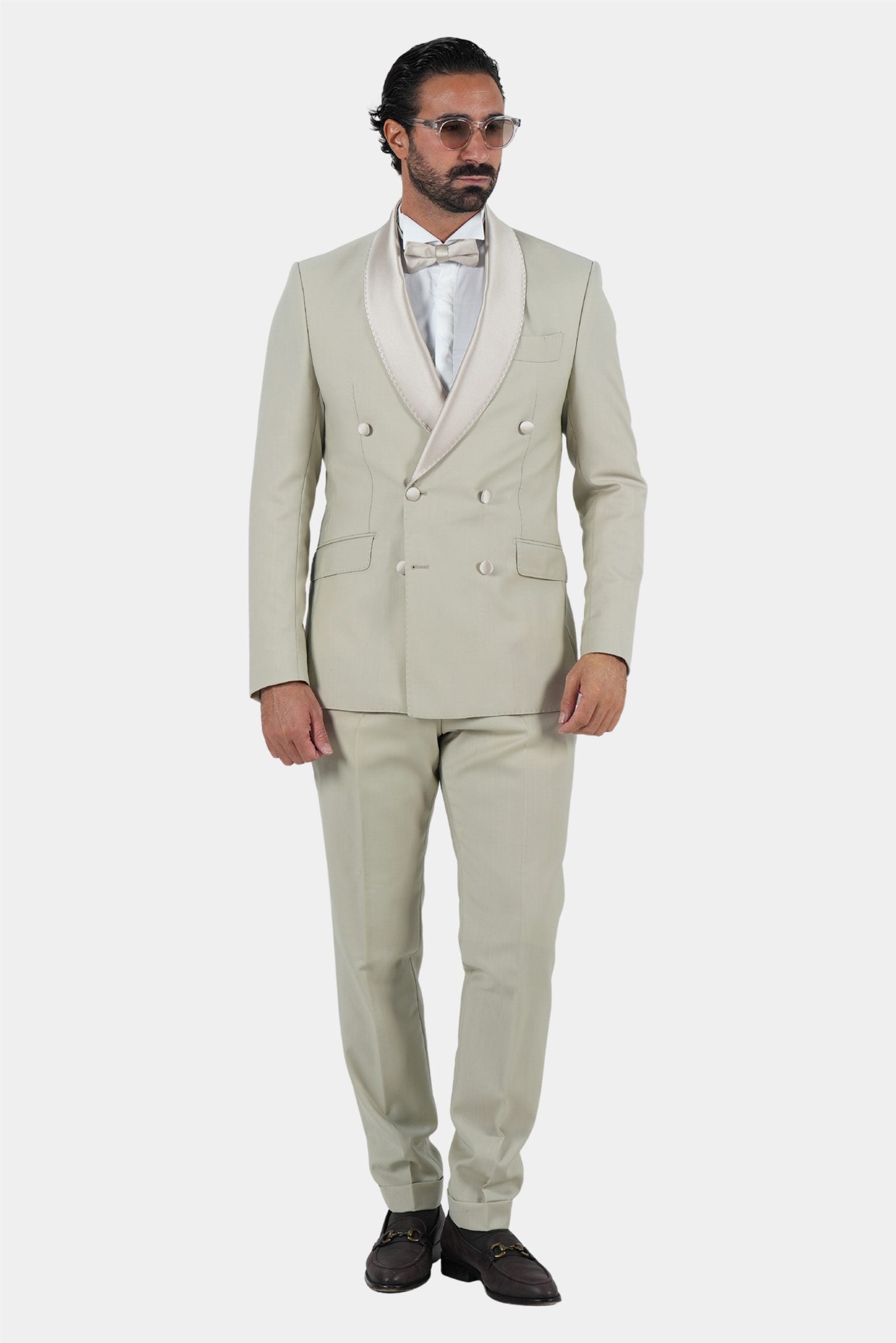 Cream Slim Fit Doppelreihiger Smoking-Anzug