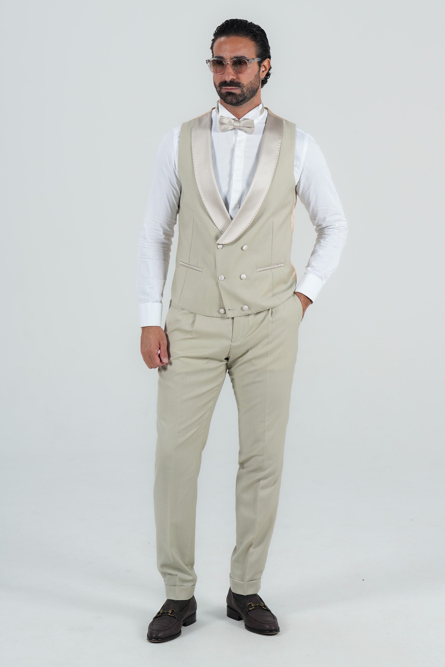 Cream Slim Fit Doppelreihiger Smoking-Anzug
