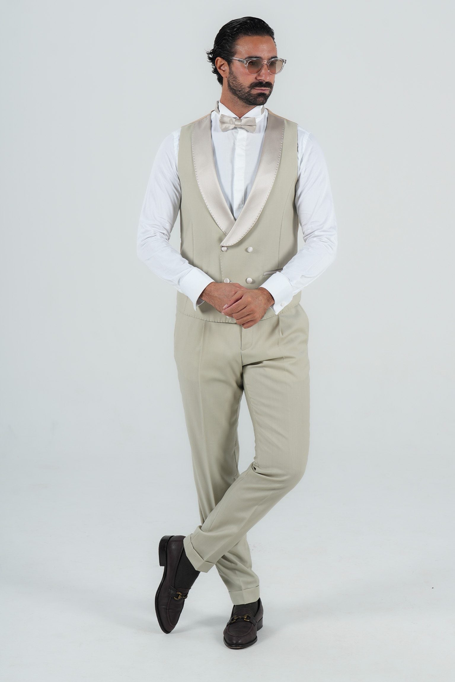 Cream Slim Fit Doppelreihiger Smoking-Anzug
