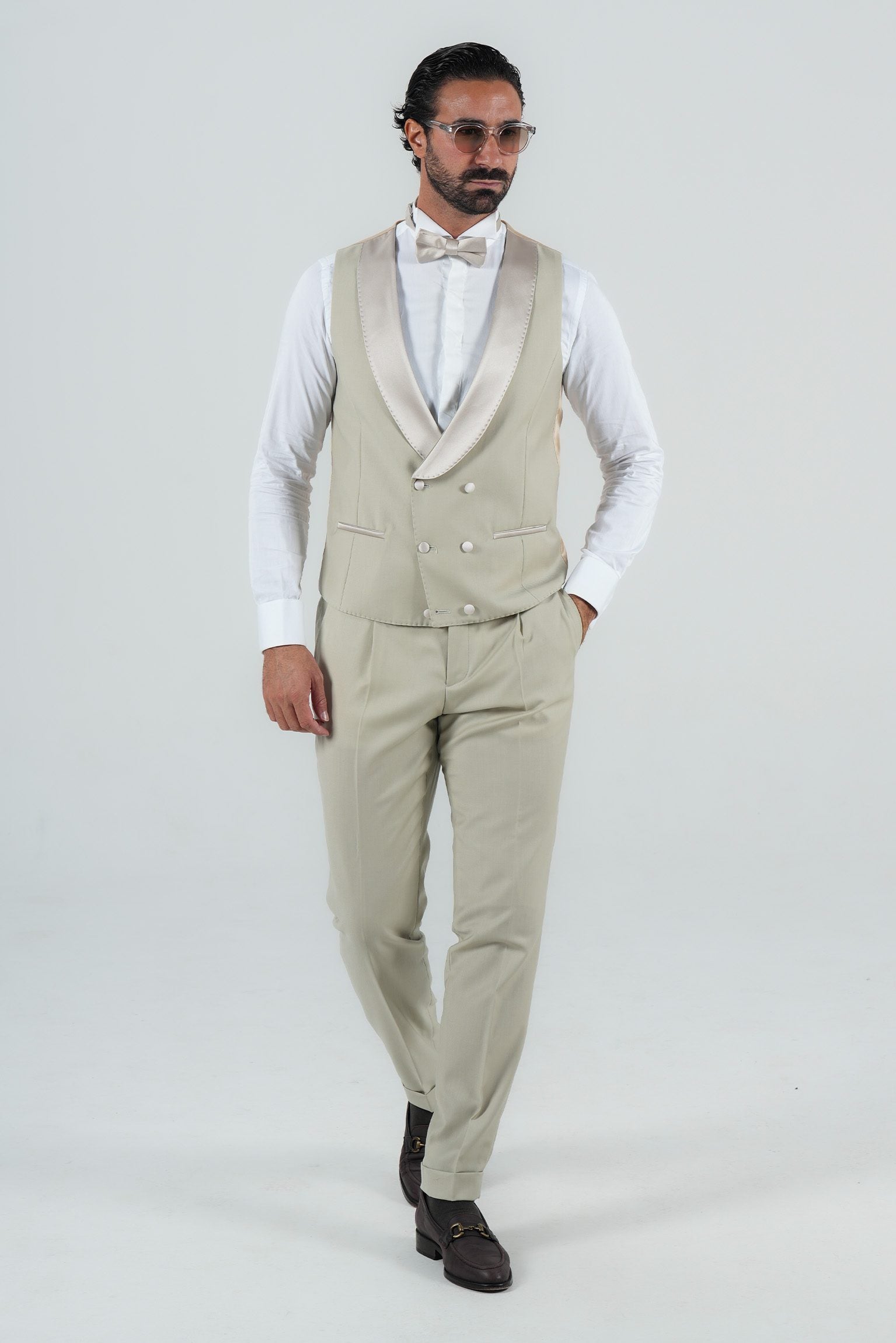Cream Slim Fit Doppelreihiger Smoking-Anzug