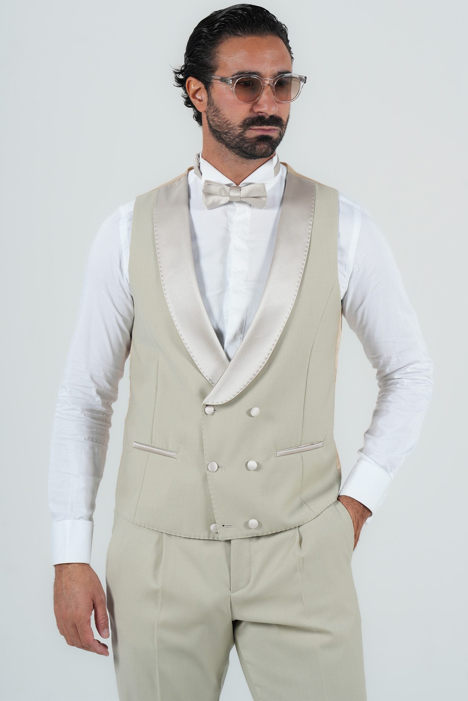 Cream Slim Fit Doppelreihiger Smoking-Anzug