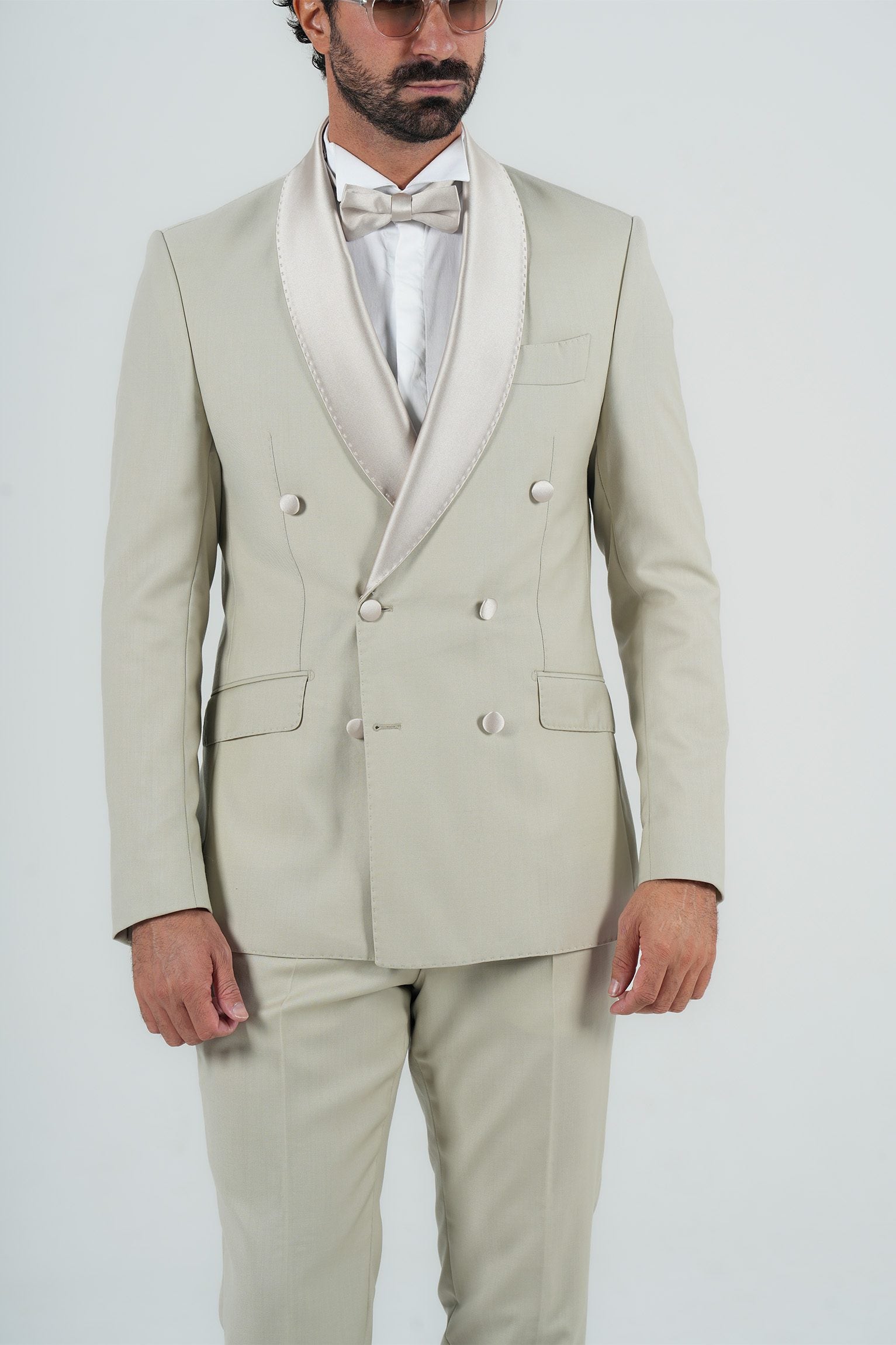 Cream Slim Fit Doppelreihiger Smoking-Anzug
