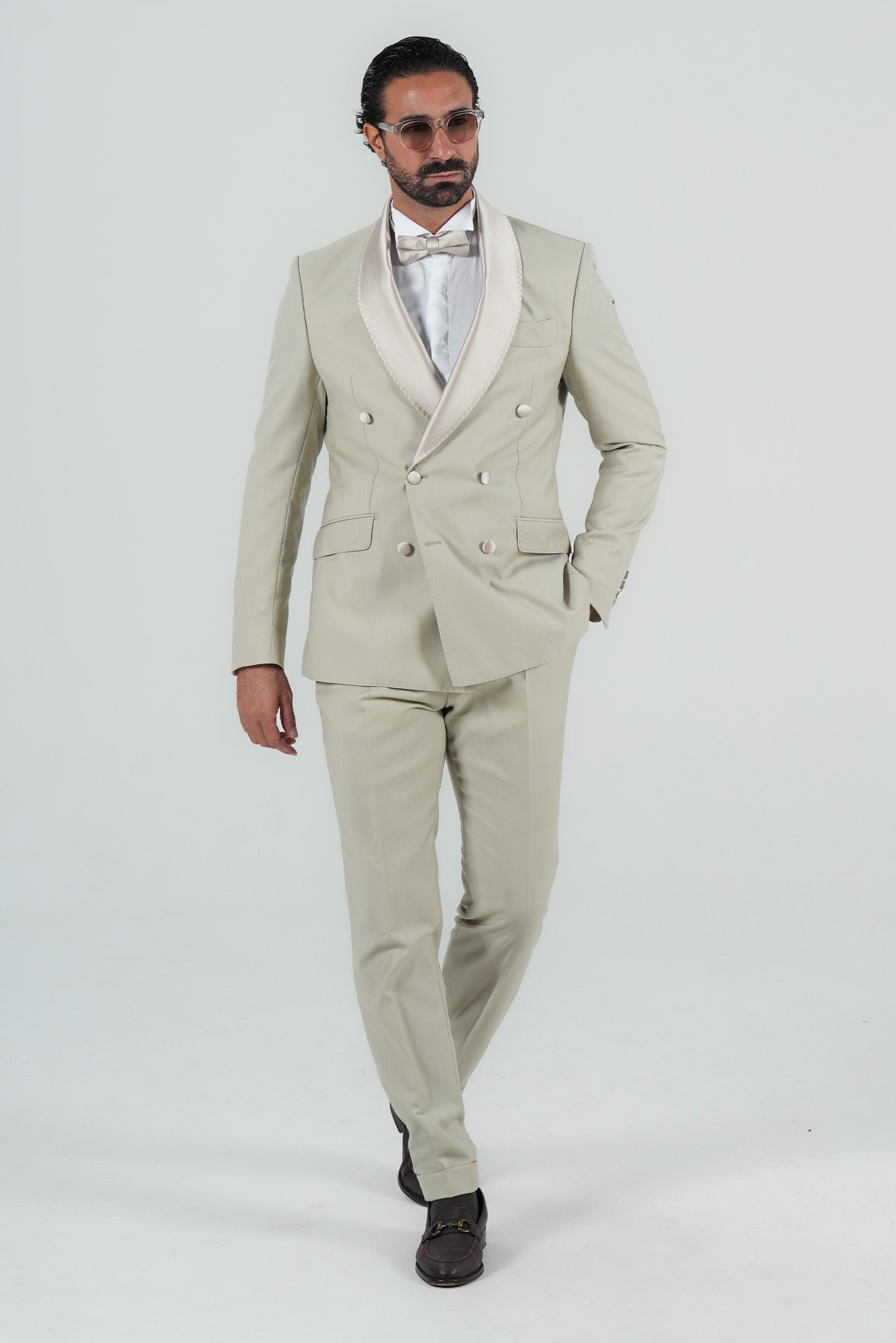 Cream Slim Fit Doppelreihiger Smoking-Anzug