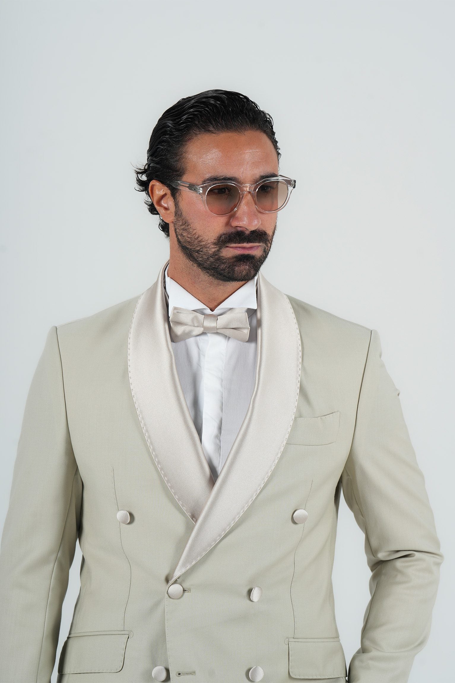 Cream Slim Fit Doppelreihiger Smoking-Anzug