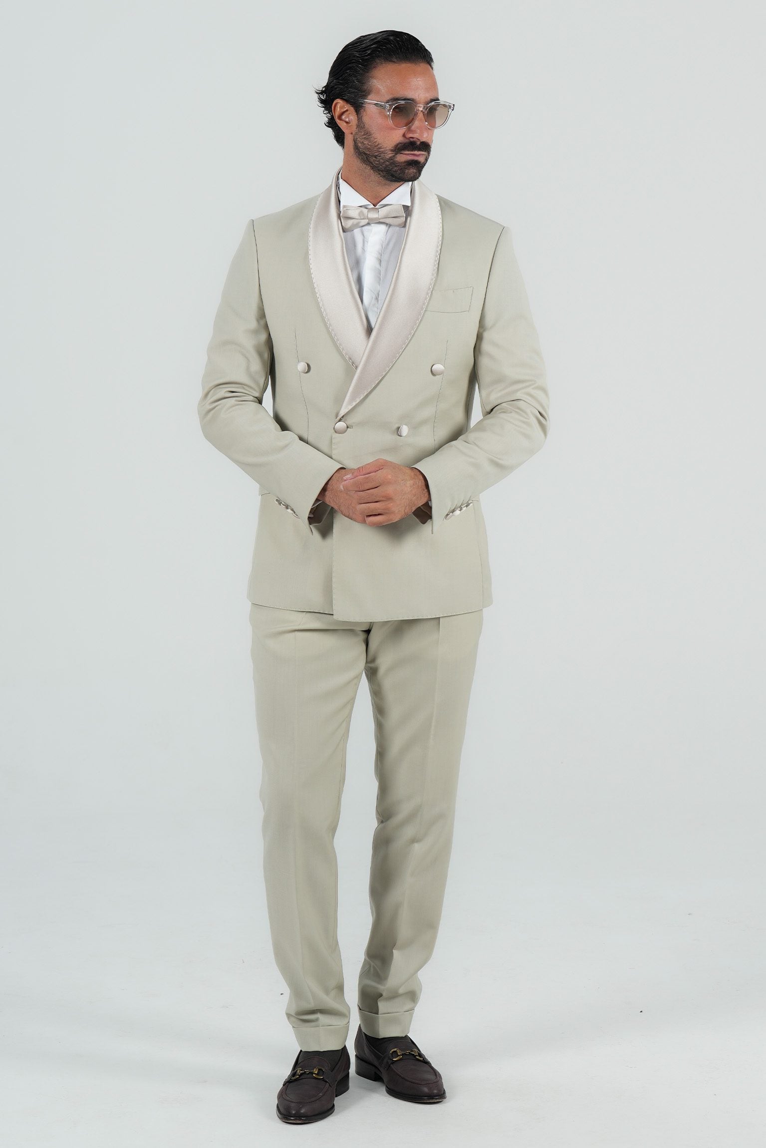 Cream Slim Fit Doppelreihiger Smoking-Anzug