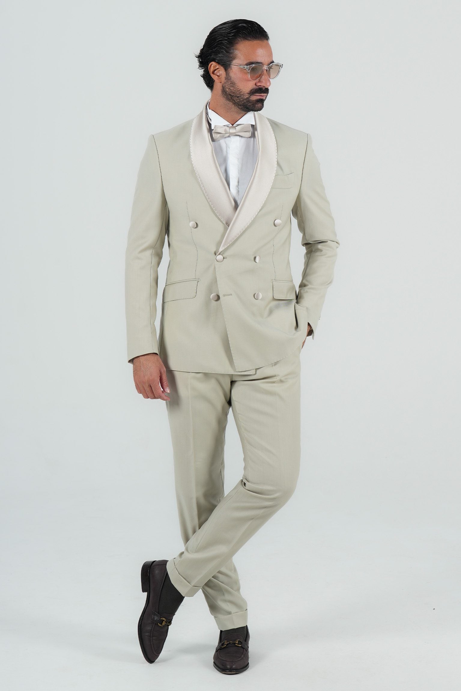 Cream Slim Fit Doppelreihiger Smoking-Anzug
