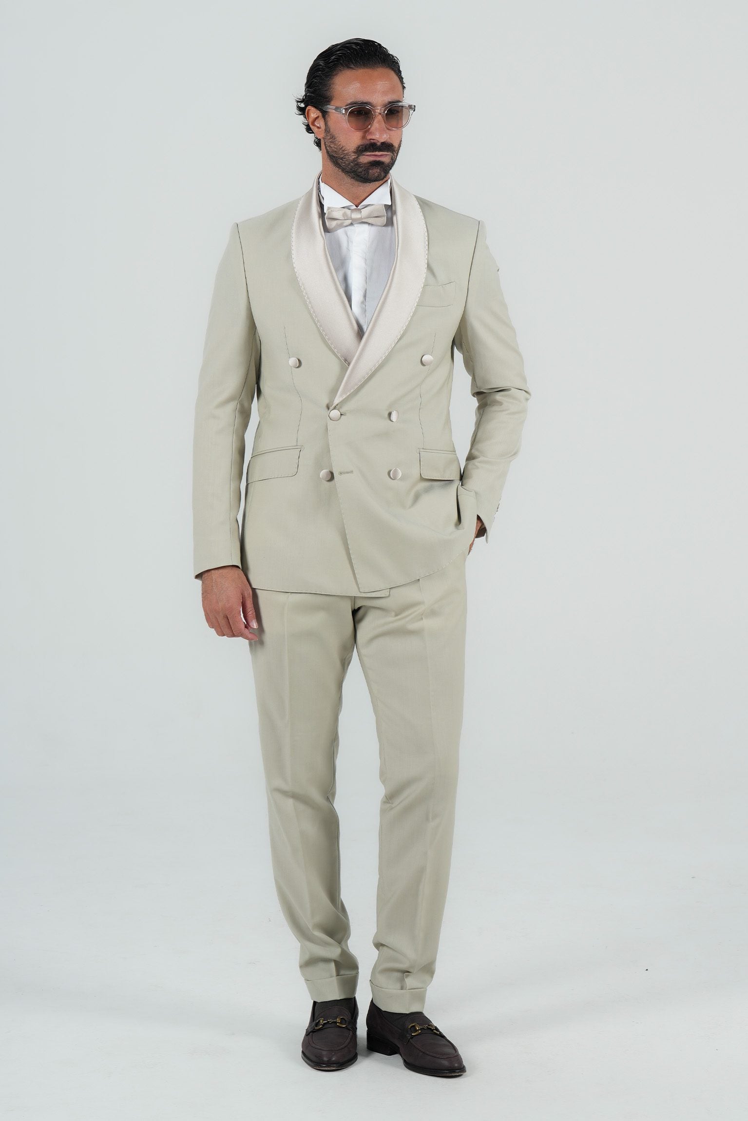 Cream Slim Fit Doppelreihiger Smoking-Anzug