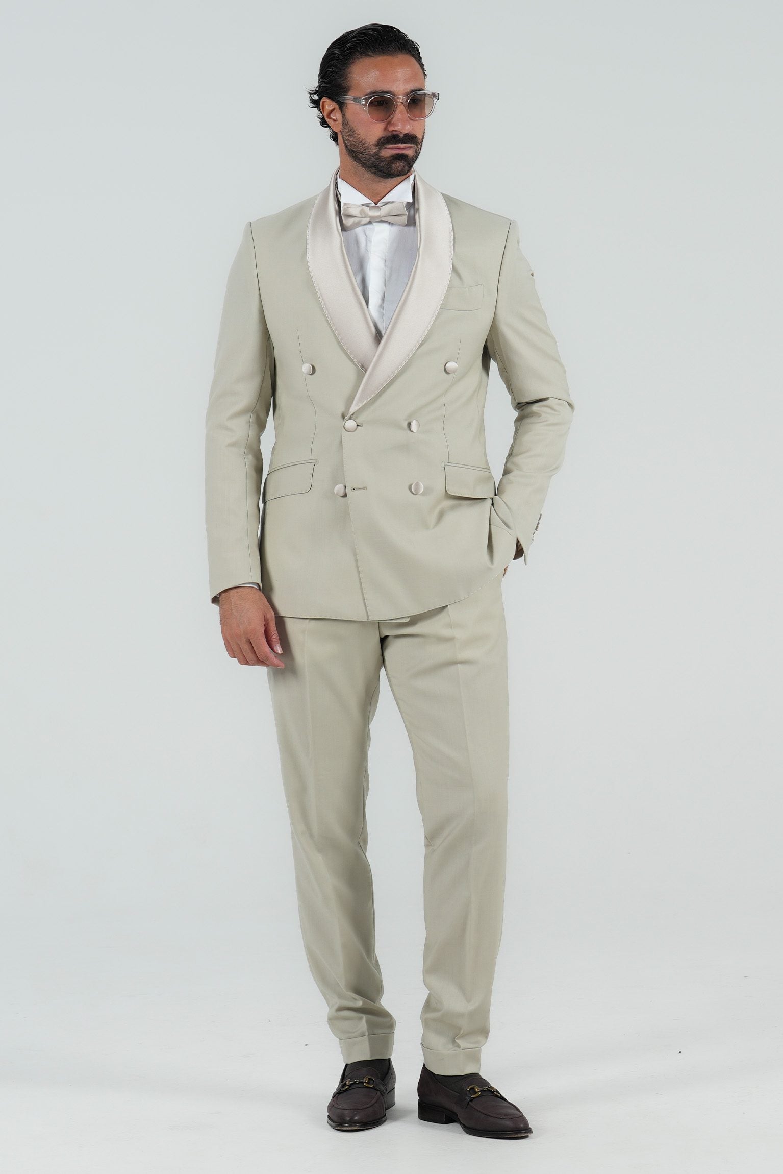 Cream Slim Fit Doppelreihiger Smoking-Anzug