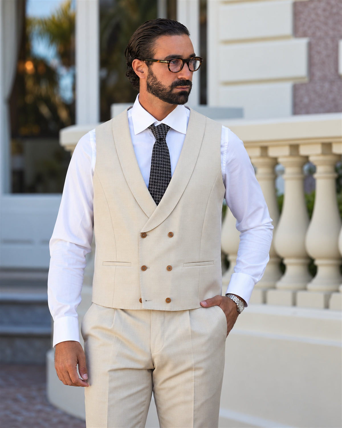 Beiger Slim-Fit-Dreiteiler aus Super-130s-Wolle