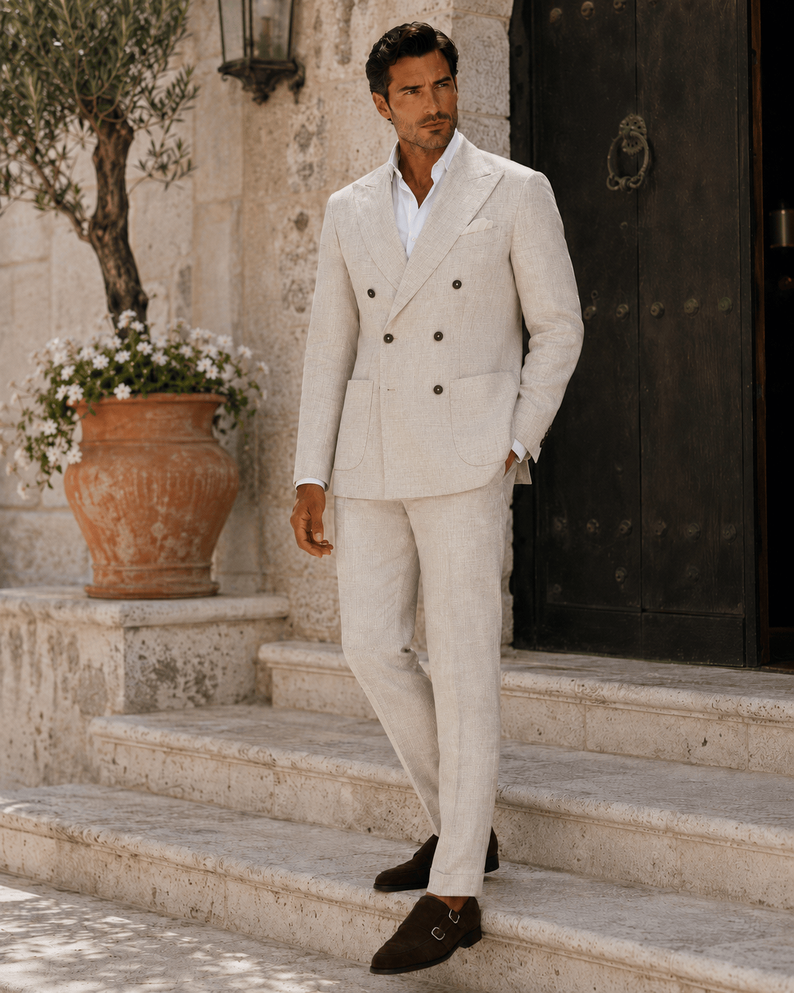 Beiger Slim-Fit-Zweireiher aus Leinen
