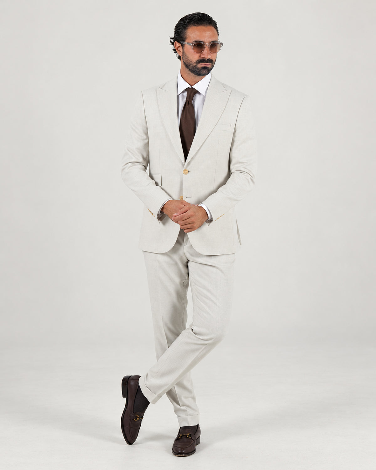 Beige tailored-fit three-piece microfibre-blend suit