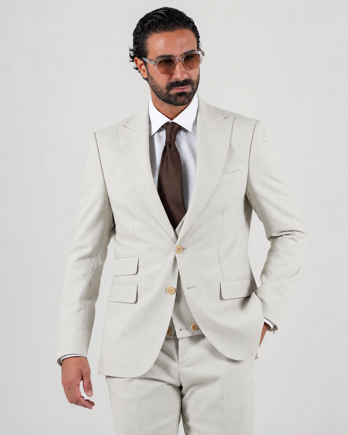 Beige tailored-fit three-piece microfibre-blend suit