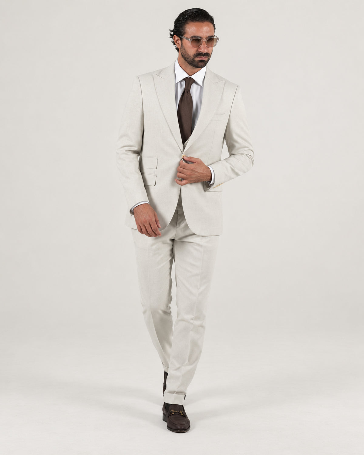 Beige tailored-fit three-piece microfibre-blend suit
