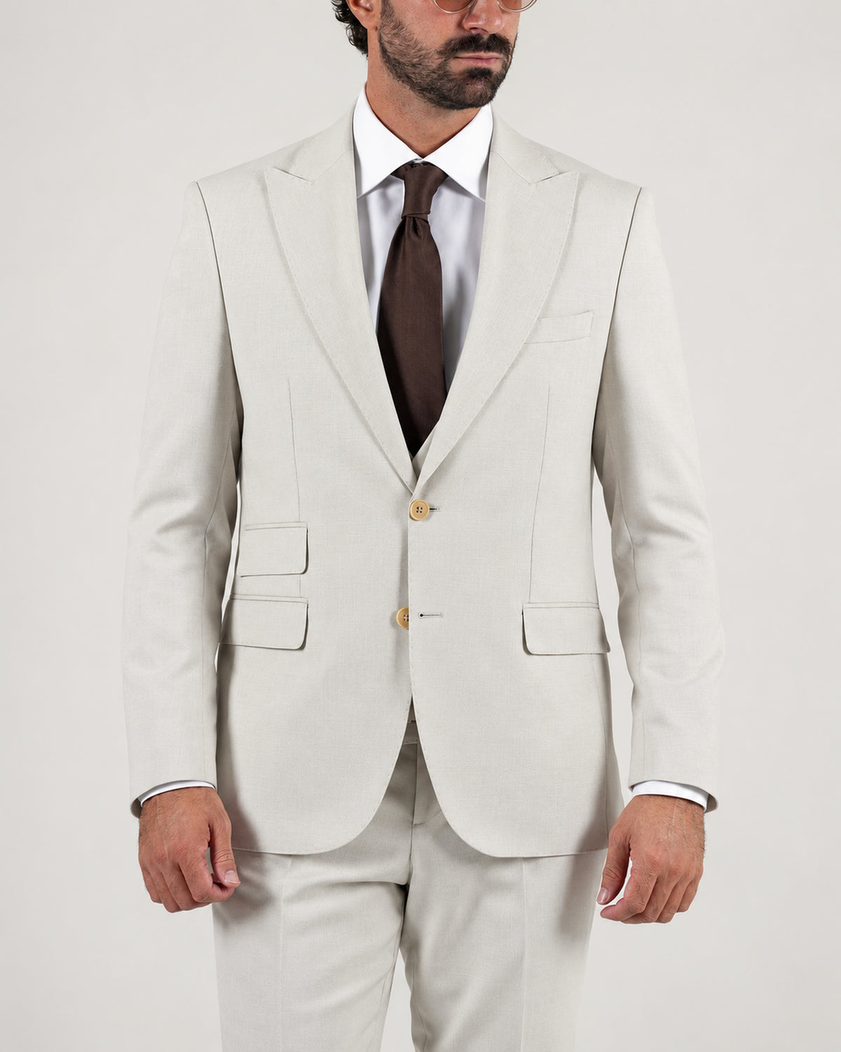 Beige tailored-fit three-piece microfibre-blend suit