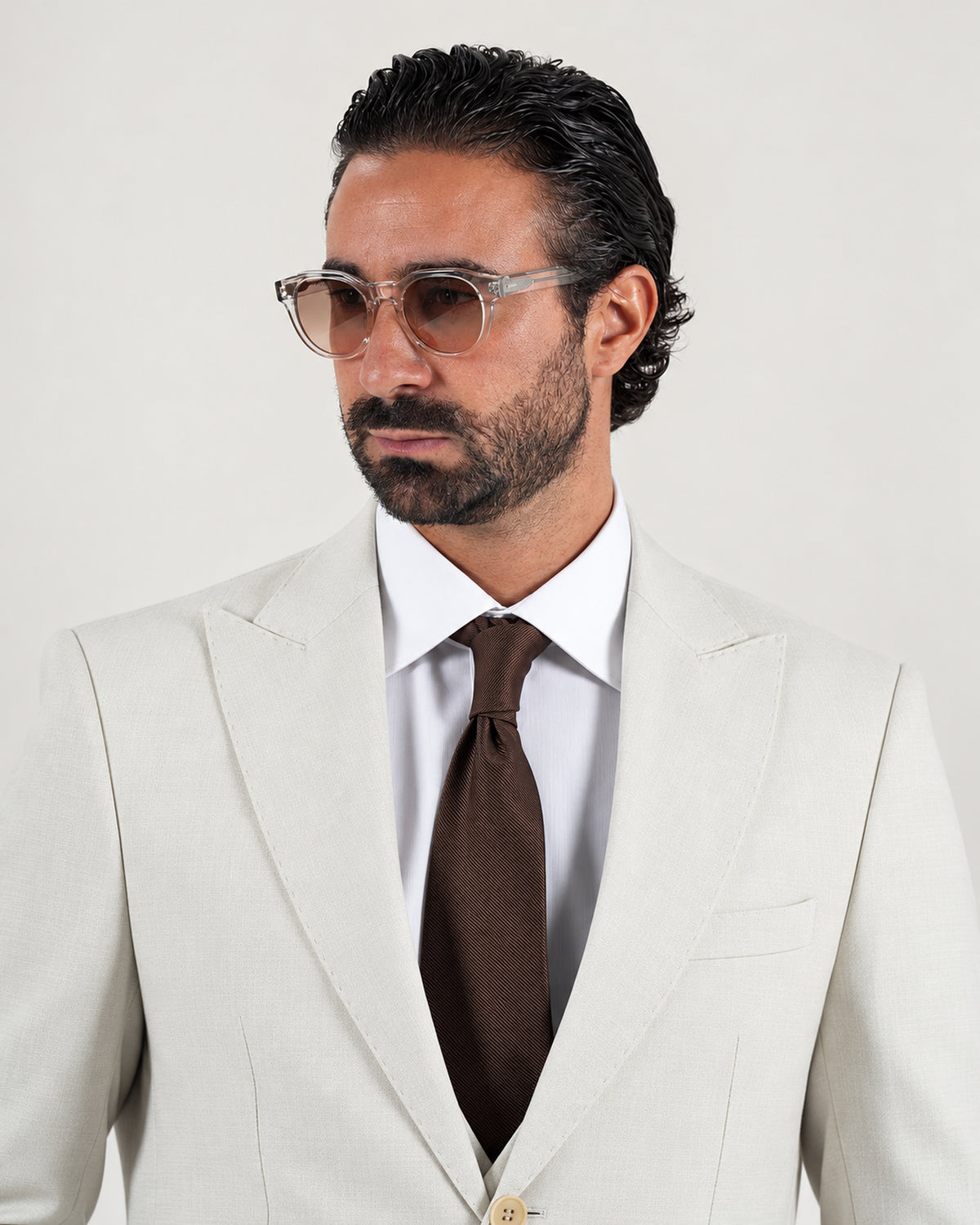 Beige tailored-fit three-piece microfibre-blend suit