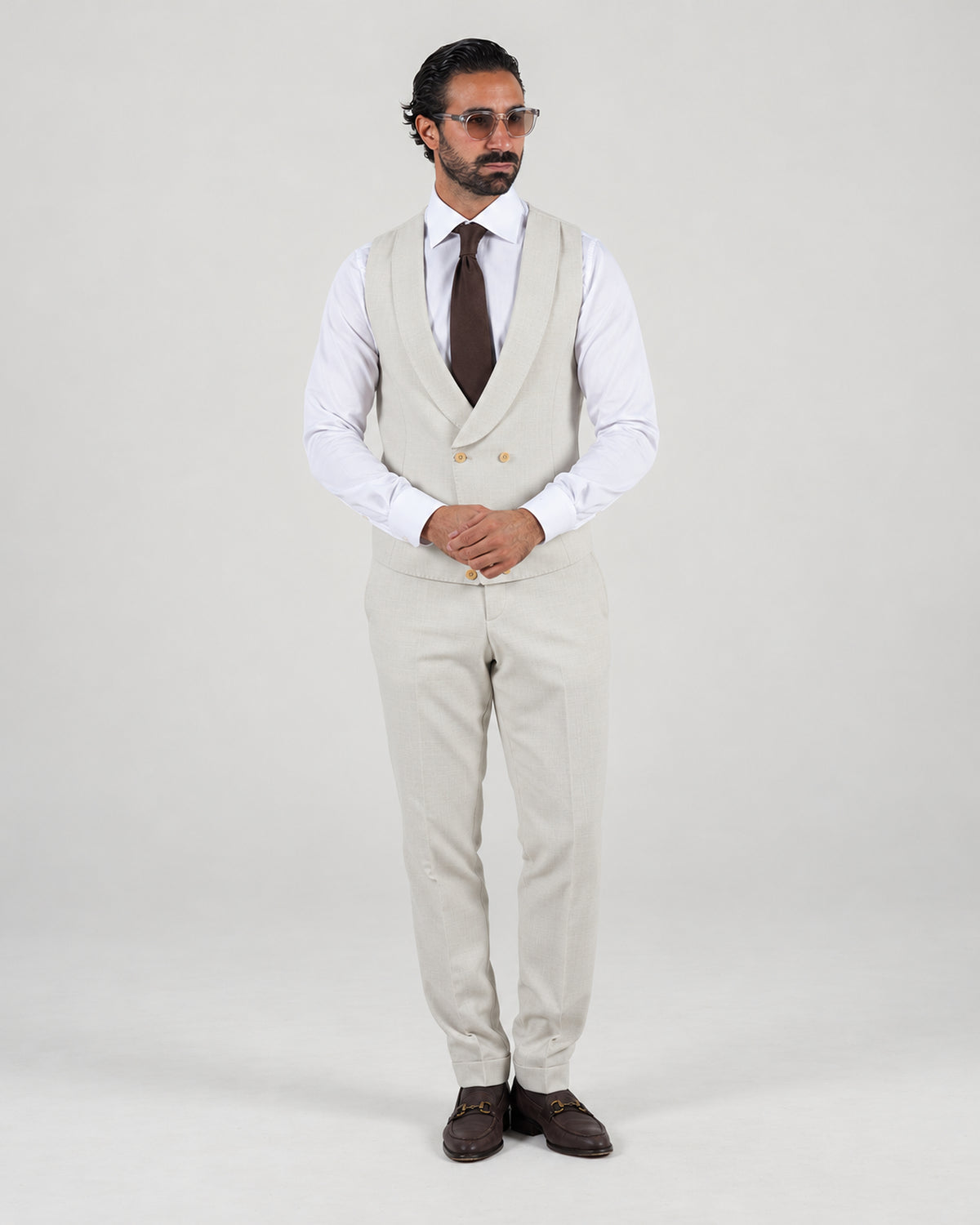 Beige tailored-fit three-piece microfibre-blend suit