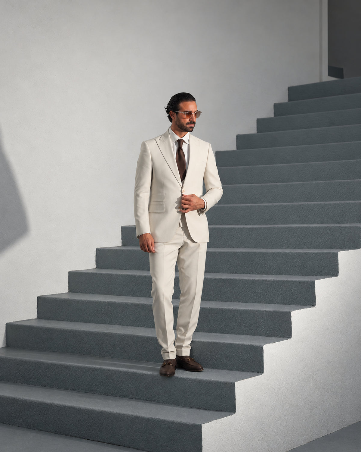 Beige tailored-fit three-piece microfibre-blend suit