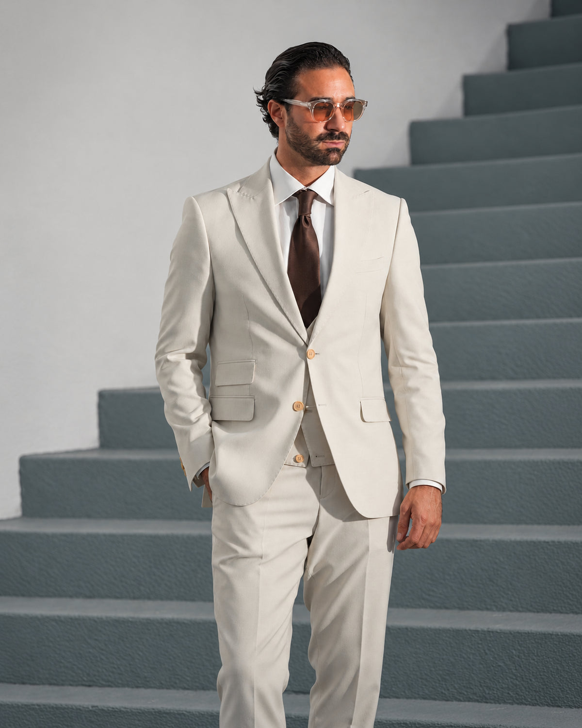 Beige tailored-fit three-piece microfibre-blend suit