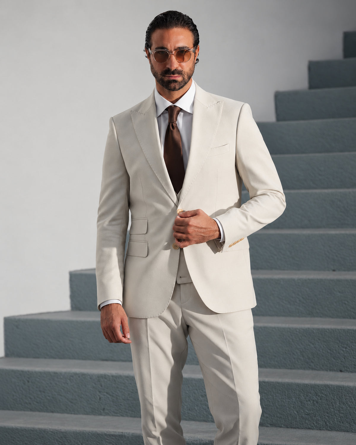 Beige tailored-fit three-piece microfibre-blend suit
