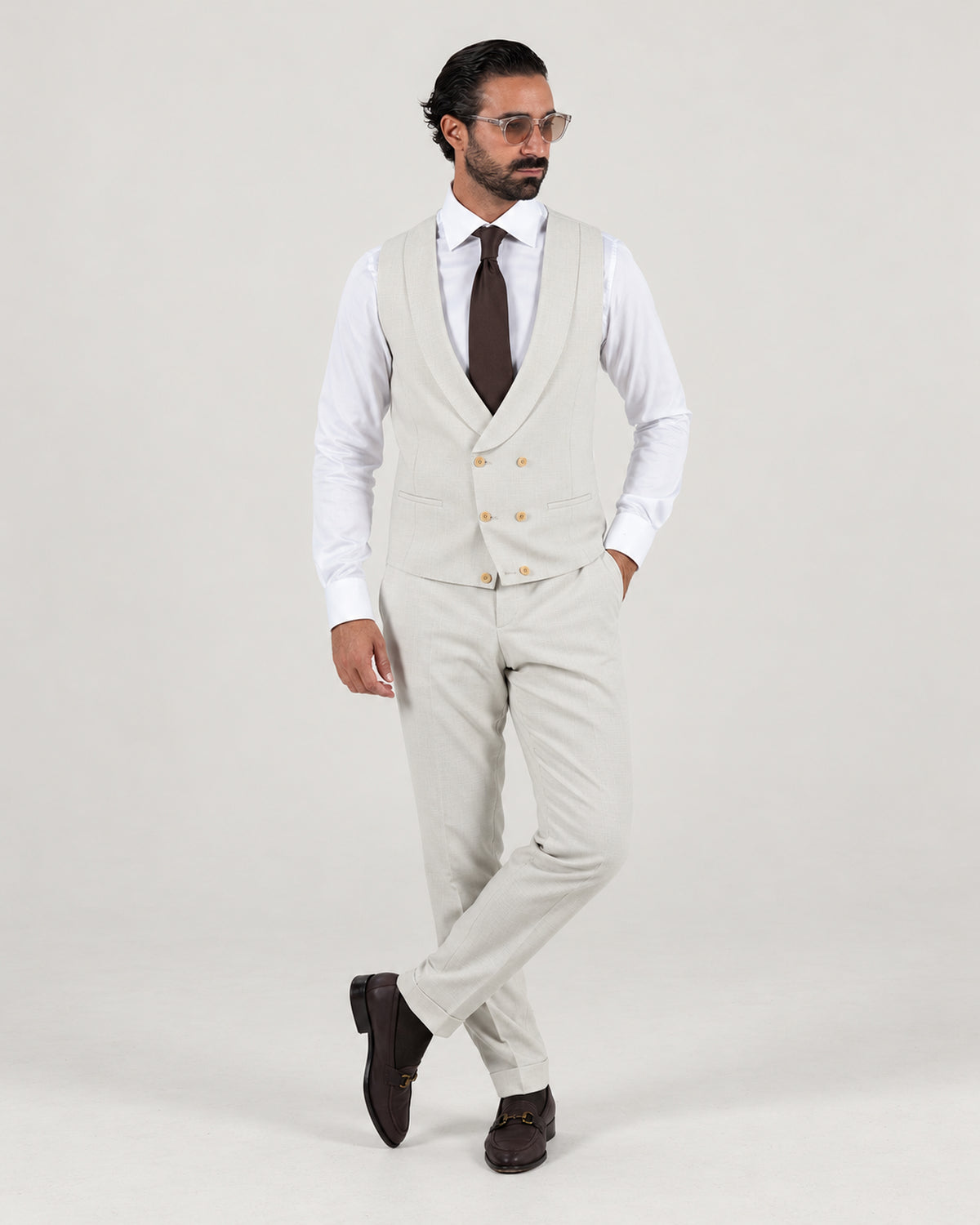 Beige tailored-fit three-piece microfibre-blend suit