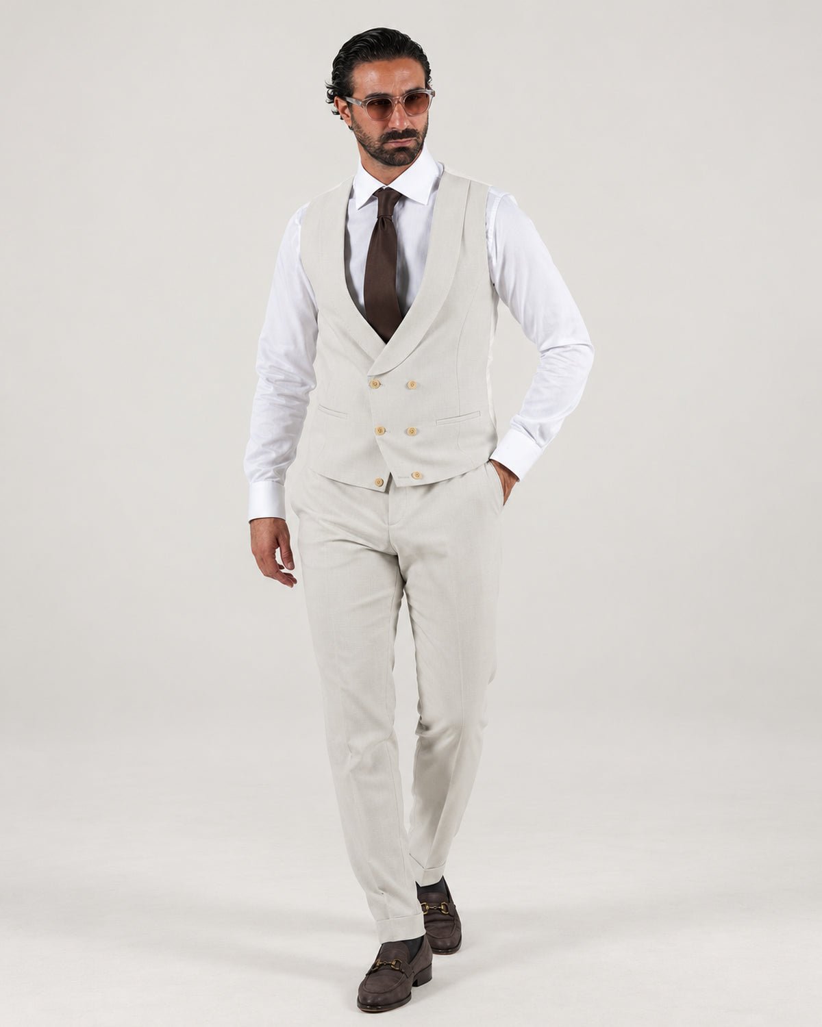 Beige tailored-fit three-piece microfibre-blend suit