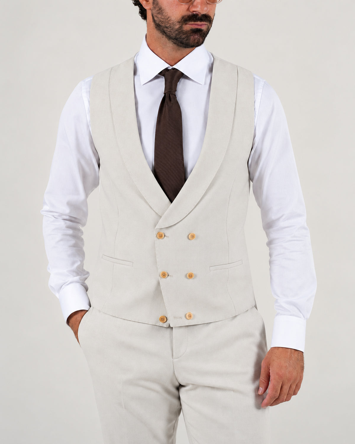 Beige tailored-fit three-piece microfibre-blend suit