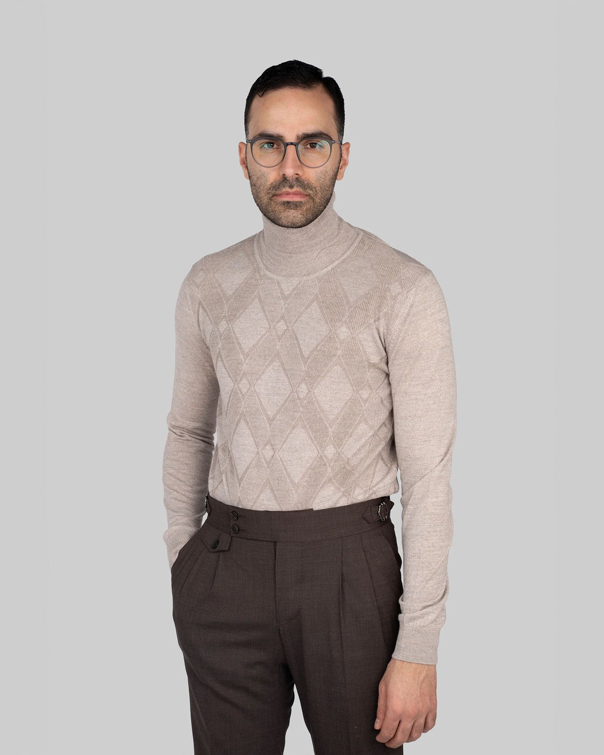 Beiger italienischer Woll-Acryl-Rollkragenpullover