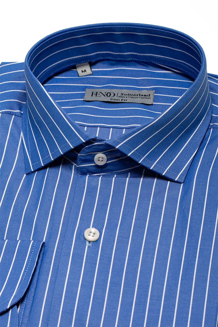 Blue slim fit cotton shirt with white stripes