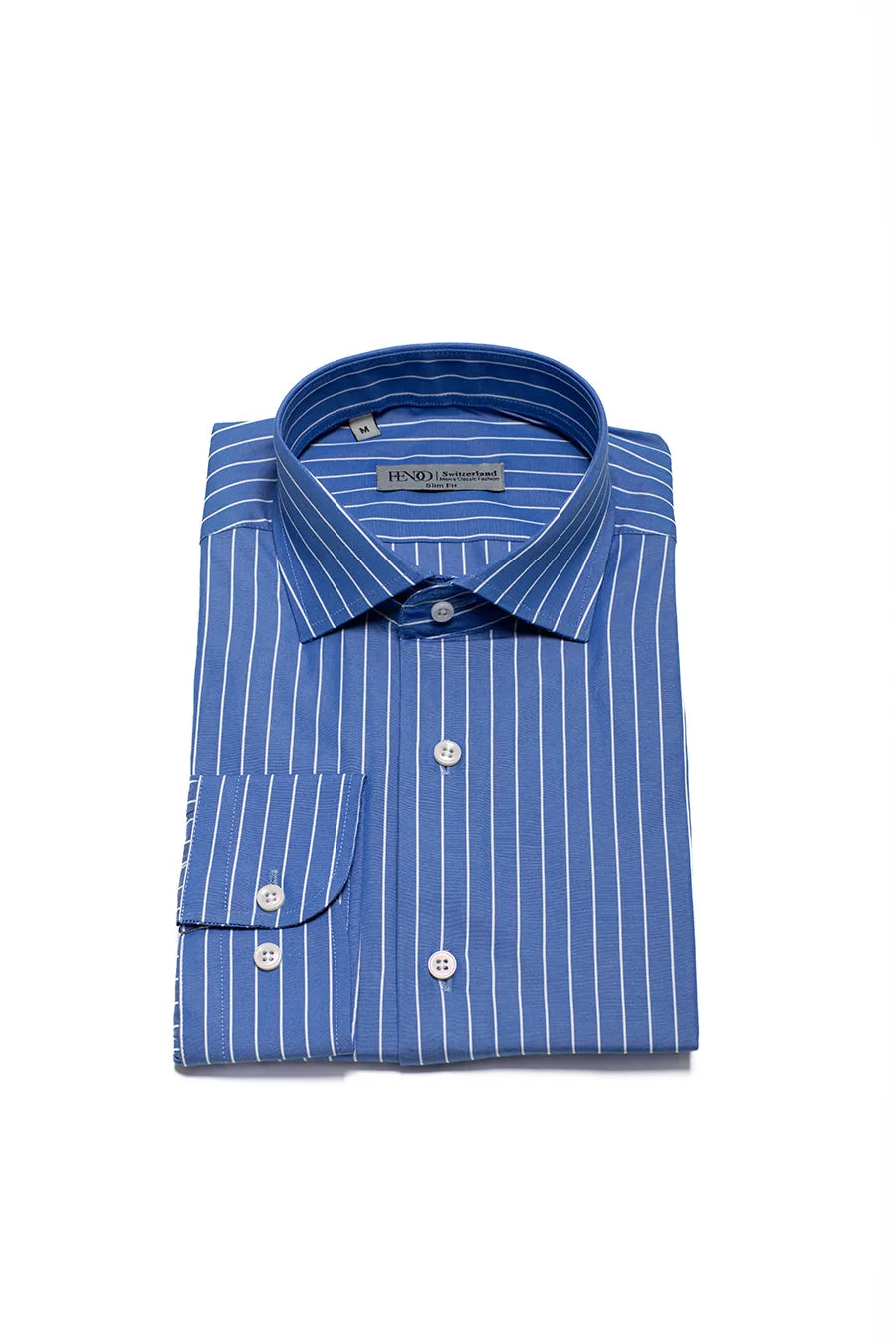 Blue slim fit cotton shirt with white stripes