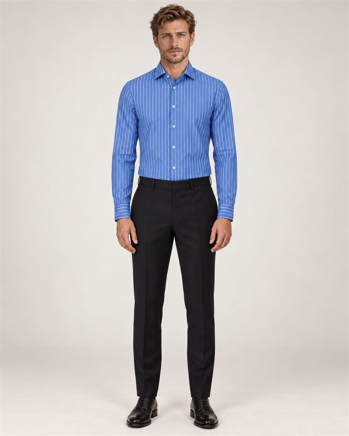 Blue slim fit cotton shirt with white stripes