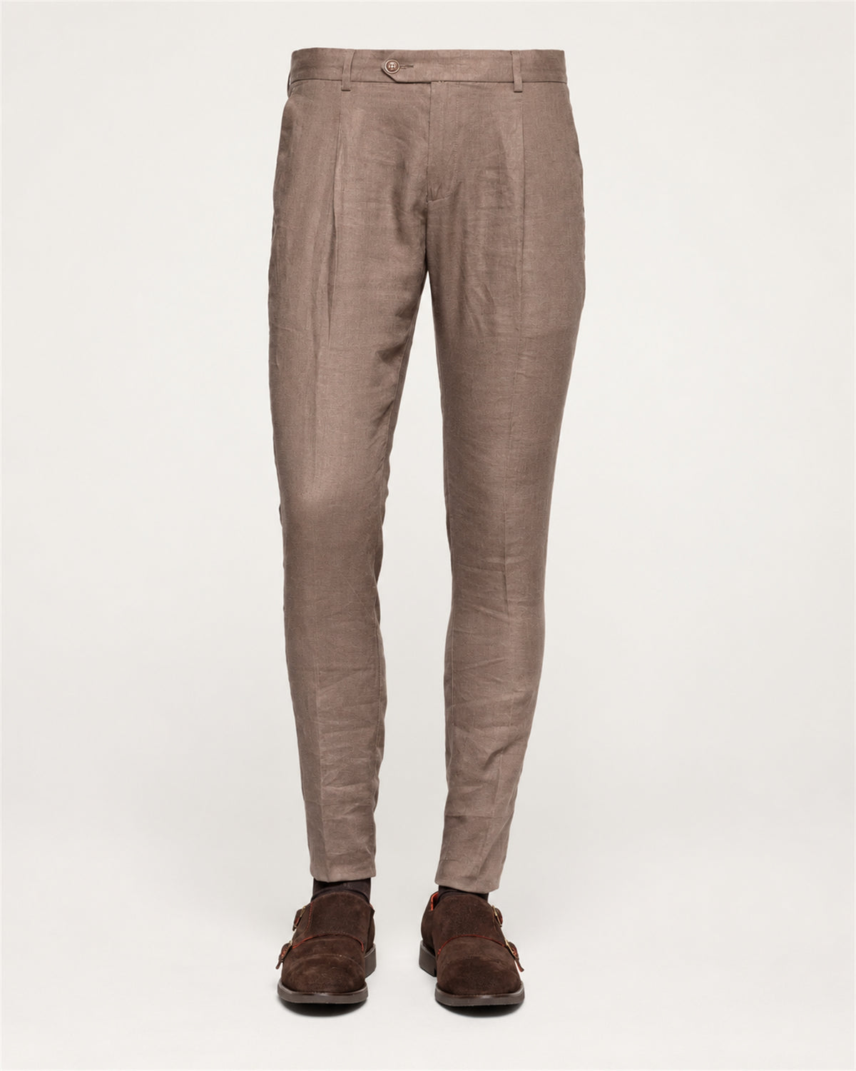 Brown slim-fit linen trousers