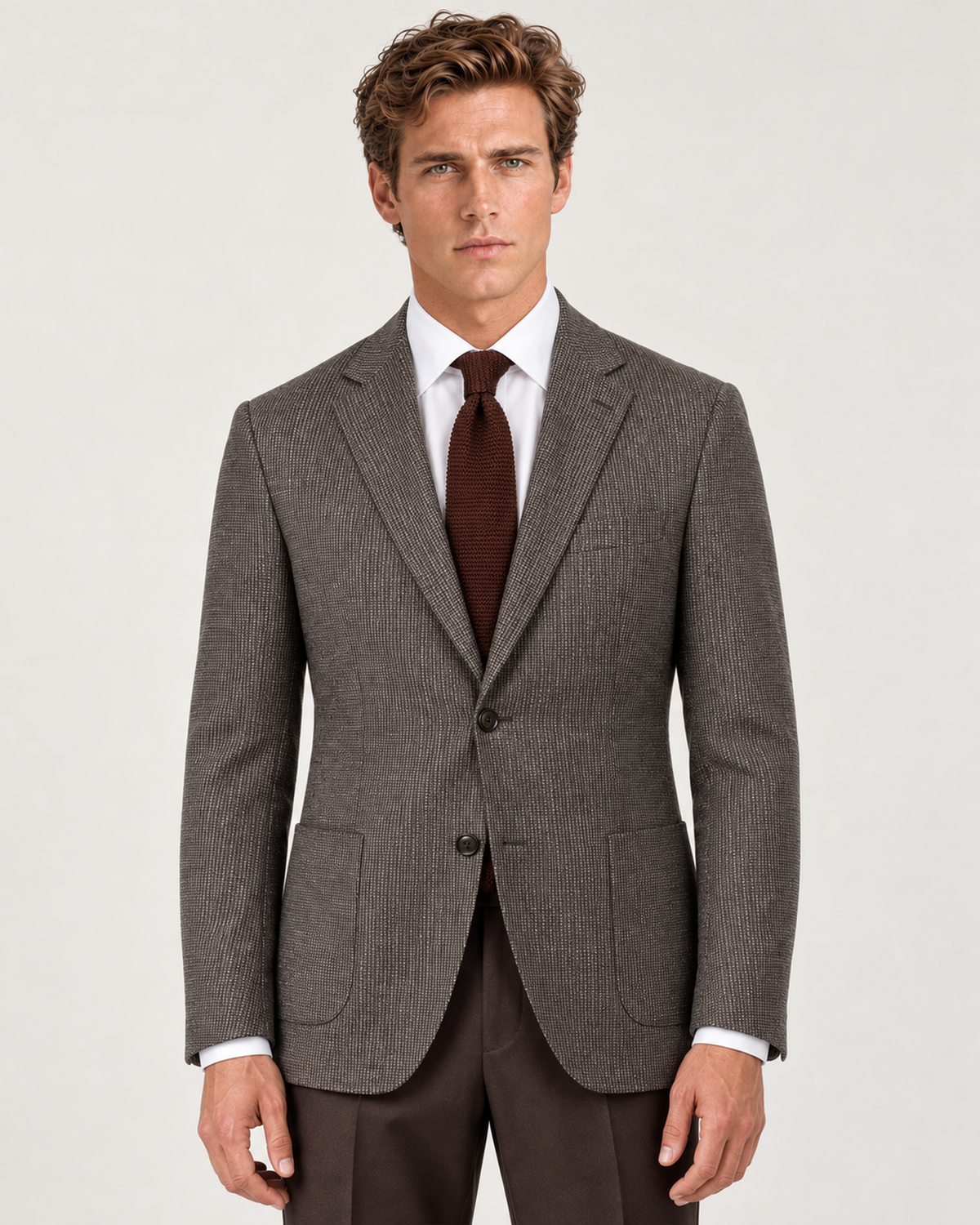 Brown patterned slim fit single breasted blazer