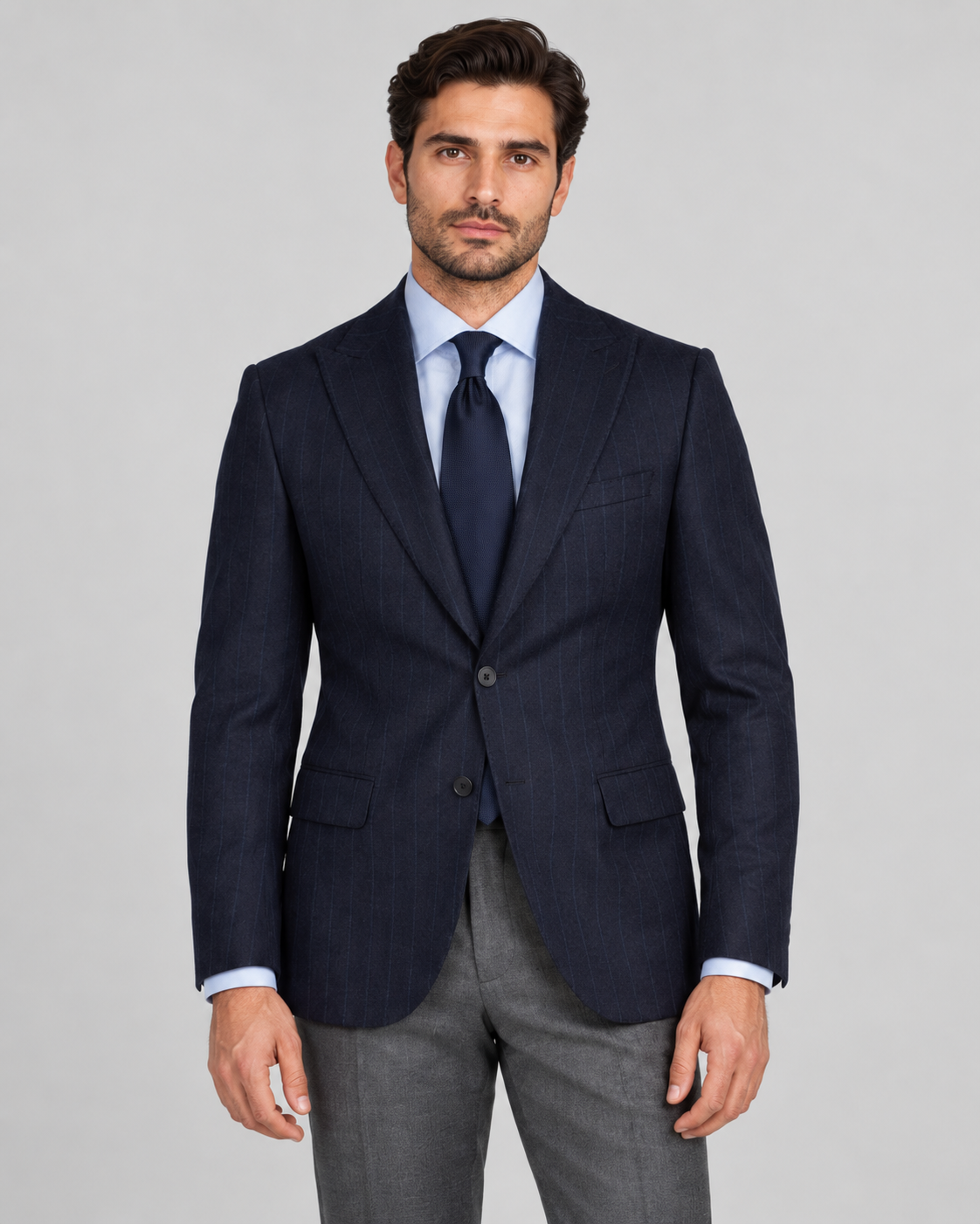 Dark blue single-breasted pinstriped blazer – made of fine flannel wool