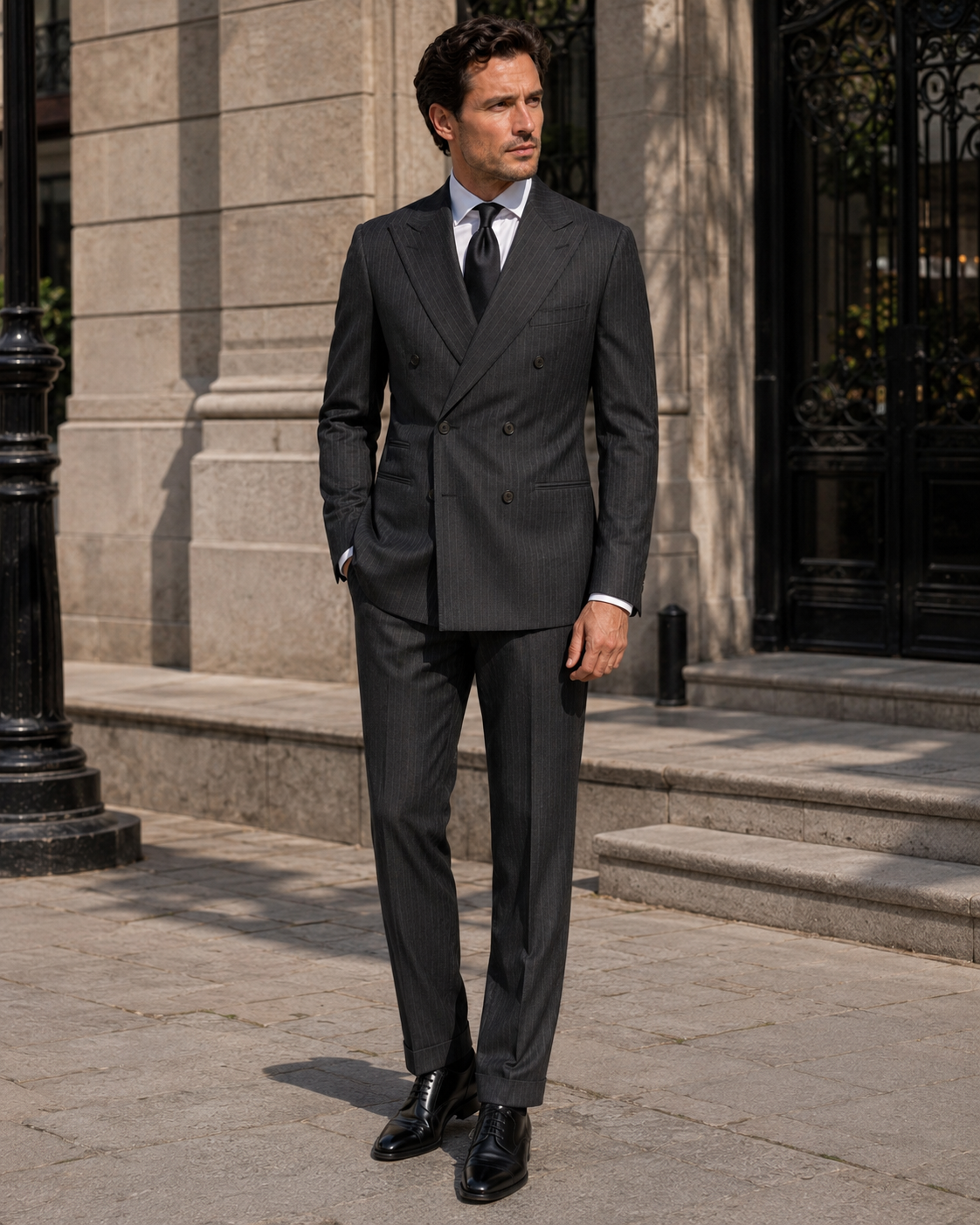 Dark grey pinstripe two-piece wool suit with tailored fit