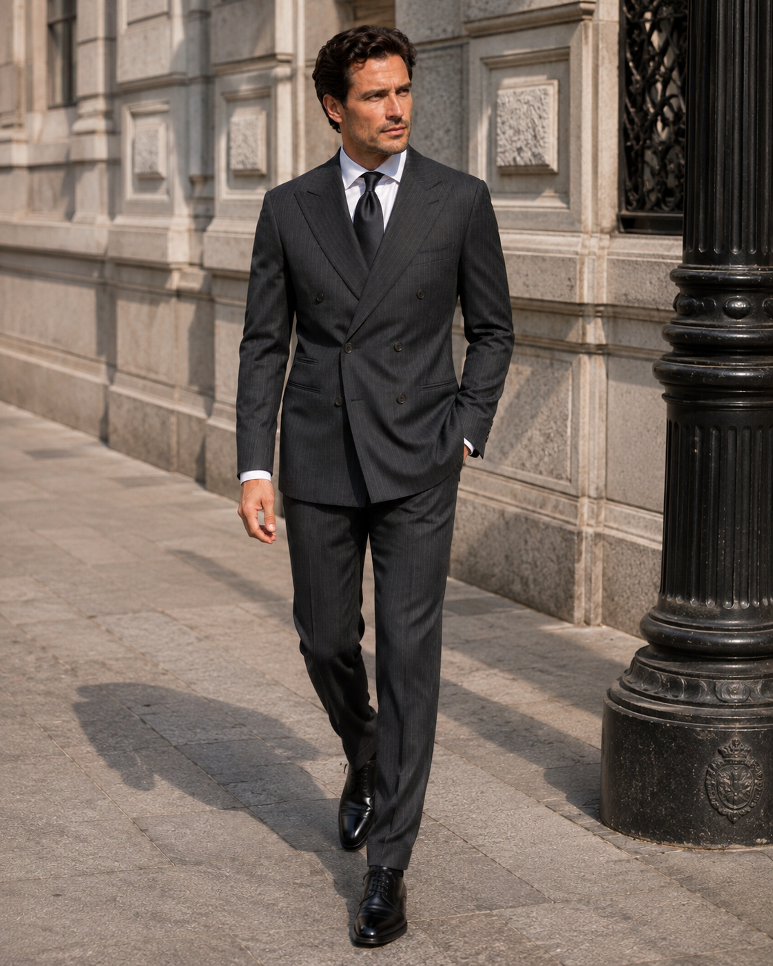 Dark grey pinstripe two-piece wool suit with tailored fit