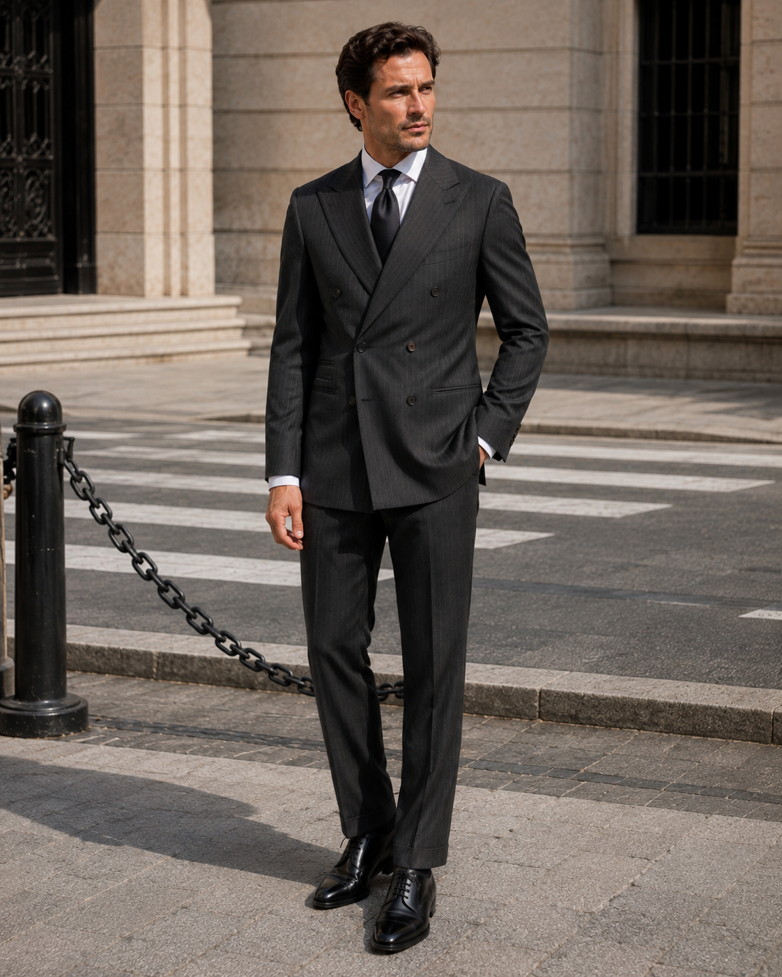 Dark grey pinstripe two-piece wool suit with tailored fit