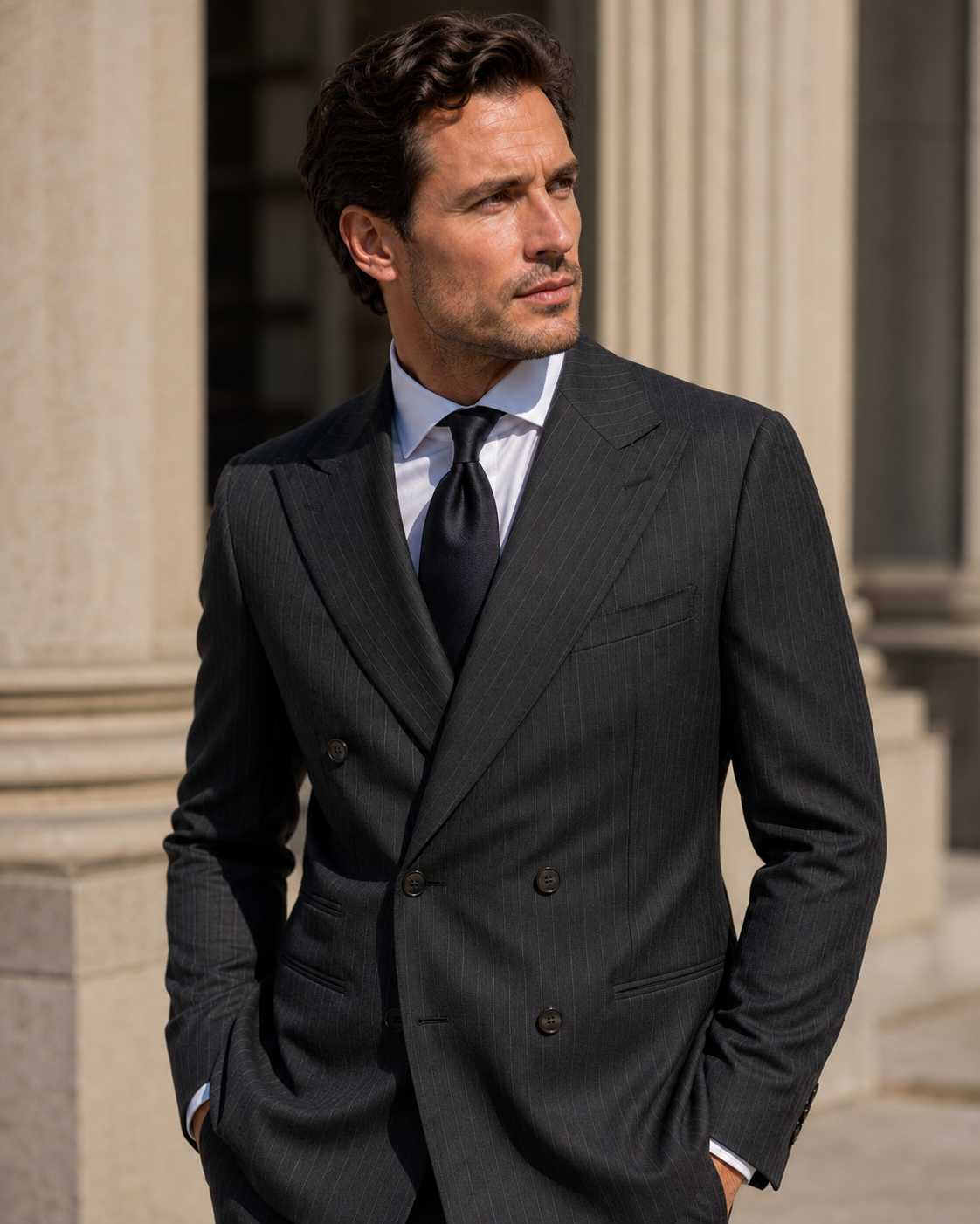 Dark grey pinstripe two-piece wool suit with tailored fit