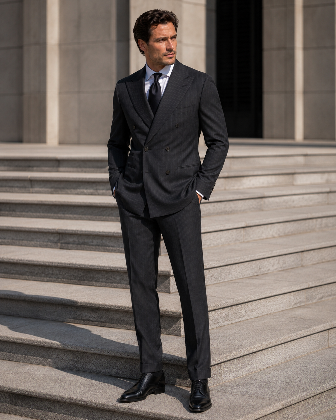 Dark grey pinstripe two-piece wool suit with tailored fit