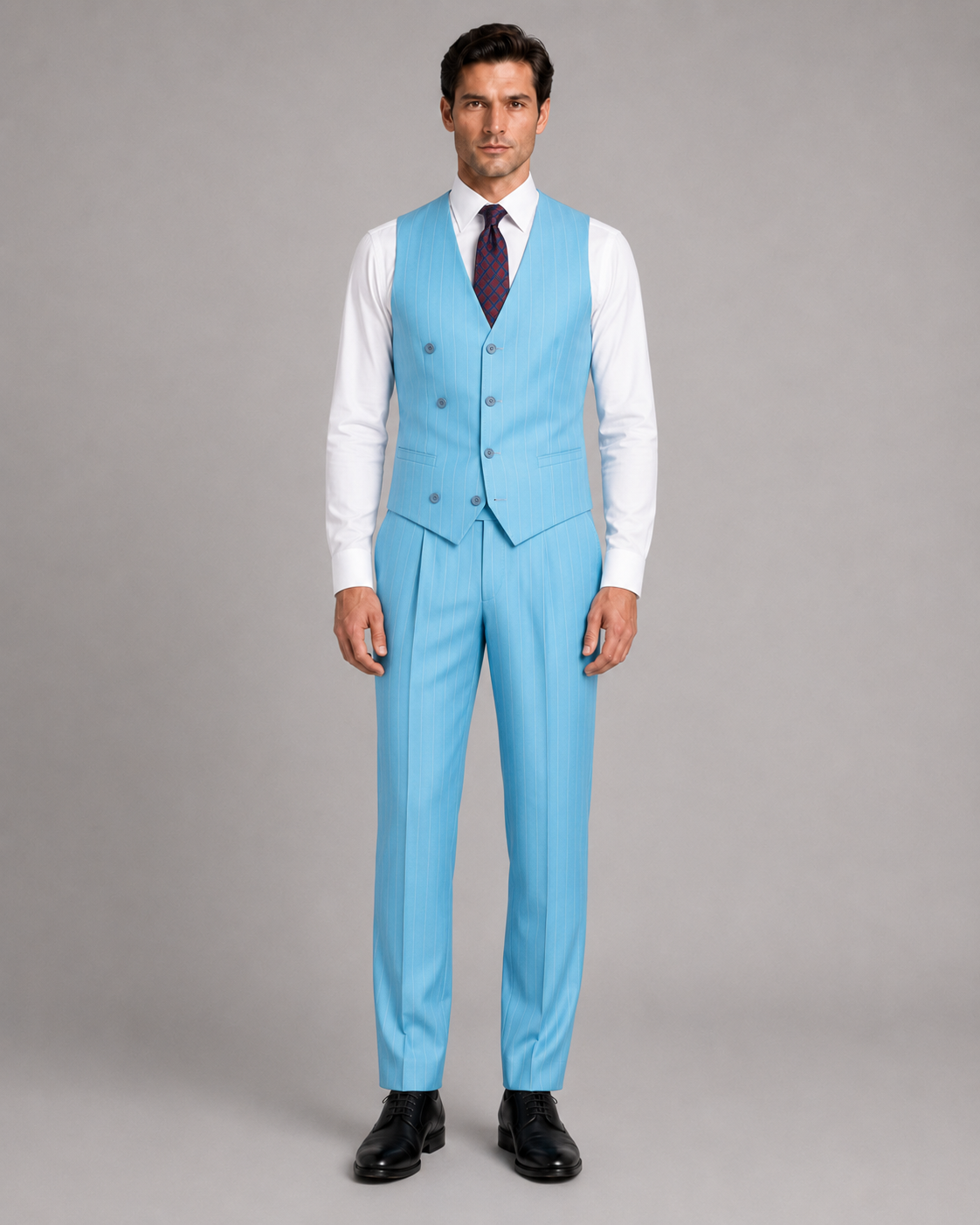 Hellblaue gestreift Modern Fit Zweireiher Anzug
