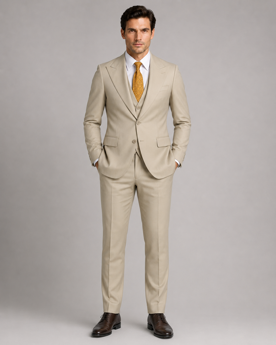 Beige Modern Fit Einreihiger Anzug