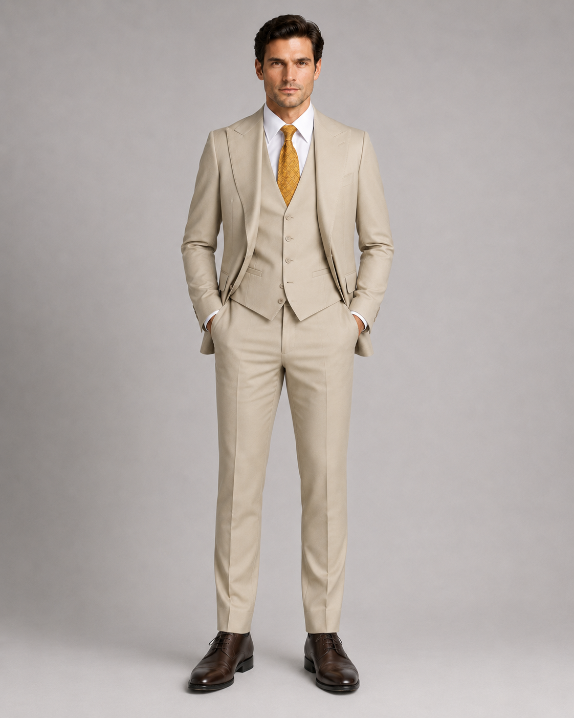 Beige Modern Fit Einreihiger Anzug