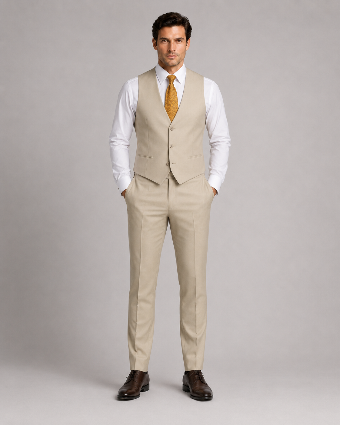 Beige Modern Fit Einreihiger Anzug