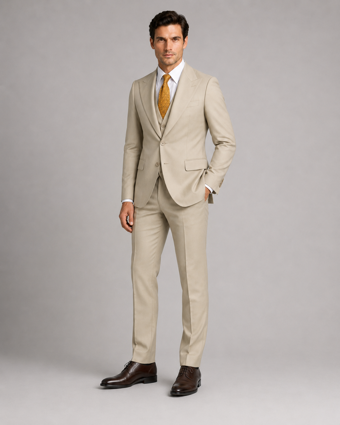Beige Modern Fit Einreihiger Anzug