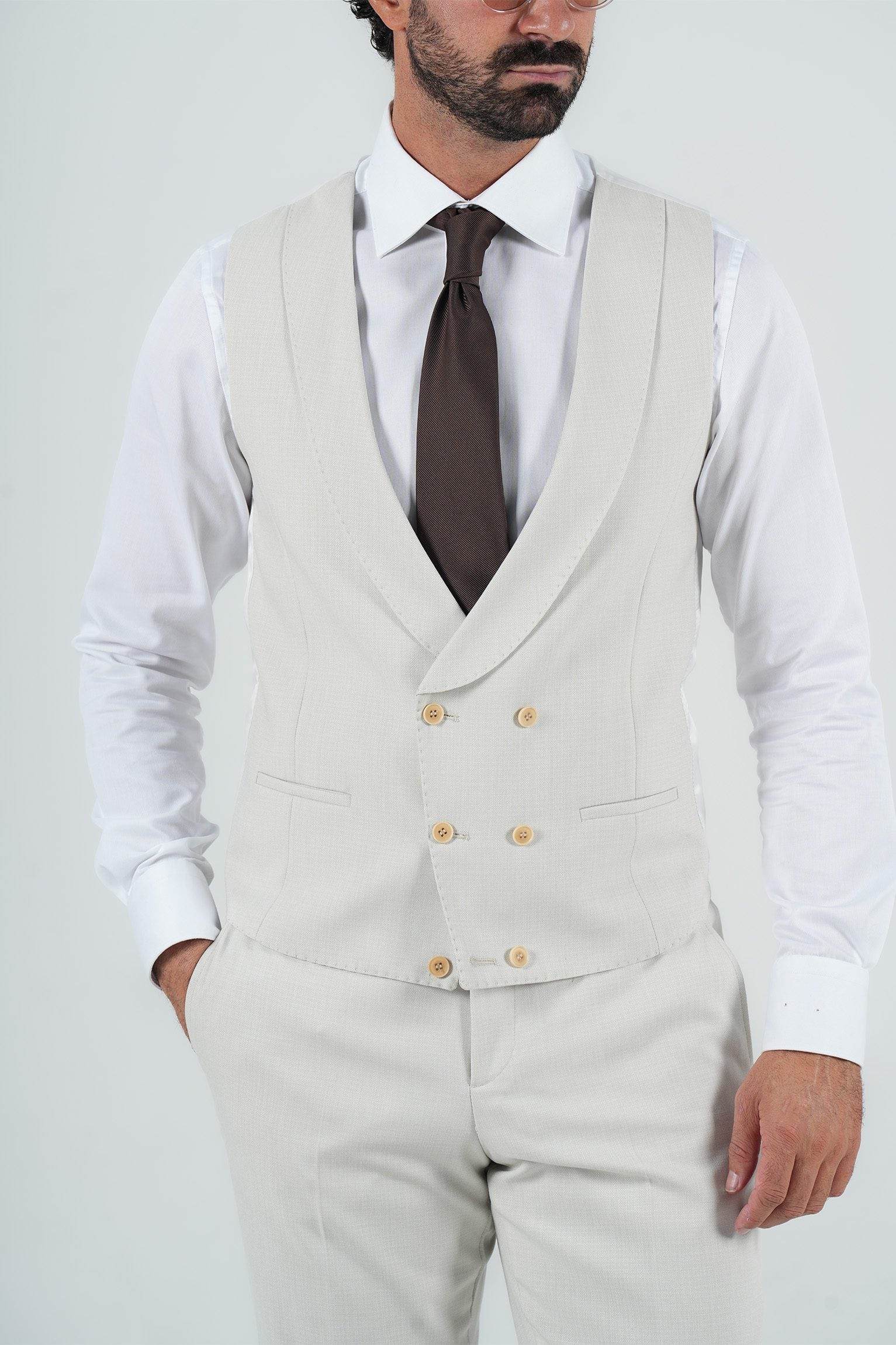 Beige three-piece microfiber suit with tailored fit